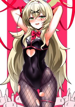 1girl absurdres alternate_costume animal_ears armpits arms_behind_head black_leotard blonde_hair blue_archive clothing_cutout covered_navel cutout_above_navel facial_mark fake_animal_ears fishnet_pantyhose fishnets fluffy_hair green_eyes hair_ornament halo heart_cutout highleg highleg_leotard highres leotard long_hair pantyhose playboy_bunny professor_niyaniya_(blue_archive) rabbit_ears rabbit_hole_(vocaloid) red_background revision side_ahoge solo sweetchan1004 teardrop_facial_mark torn_clothes torn_pantyhose x_hair_ornament
