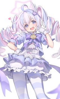 1girl absurdres ahoge blue_archive blue_hair blue_pantyhose bow bowtie dress drill_hair gloves hair_ornament halo heart highres looking_at_viewer magical_girl mojo_(mojoawa) multicolored_hair official_alternate_costume open_mouth pantyhose pink_hair pink_halo puffy_short_sleeves puffy_sleeves purple_bow purple_bowtie purple_eyes reisa_(blue_archive) reisa_(magical)_(blue_archive) short_sleeves solo star_(symbol) star_hair_ornament star_halo striped_clothes striped_pantyhose twin_drills twintails two-tone_hair white_gloves wing_hair_ornament