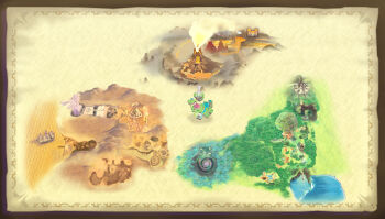 Rule 34 | border, brown border, desert, floating island, forest, giant tree, lake, lava, map (medium), nature, nintendo, official art, ship, smoke, takumi wada, the legend of zelda, the legend of zelda: skyward sword, third-party source, tree, triforce, volcano, watercraft