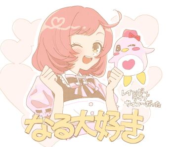 1girl ;d ayase_naru bird bow bowtie brown_eyes character_name commentary copyright_name hands_up highres looking_at_viewer lovelyn mainichi_ga_tanoshii musical_note one_eye_closed open_mouth penguin pink_bow pink_bowtie pink_hair pretty_rhythm pretty_rhythm_rainbow_live pretty_series short_hair smile solo symbol-only_commentary upper_body