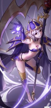 1girl alternate_costume armor artist_request aura bare_shoulders bozel_(langrisser) breasts butt_crack cape chest_tattoo cleavage corruption dancing dark_aura dark_persona evil_grin evil_smile gloves grin helmet highres holding holding_scythe knee_up langrisser langrisser_mobile langrisser_re:incarnation leaning leaning_forward leaning_on_object leaning_on_weapon leg_up licorice_(langrisser) mark_of_bozel midriff official_alternate_costume pauldrons pole_dancing possessed possession red_eyes scythe short_hair shoulder_armor smile tattoo white_hair