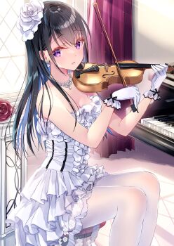 1girl bare_shoulders black_hair blush bow_(music) curtains dress flower frilled_dress frills gloves hair_between_eyes hair_ornament hairclip highres holding holding_instrument holding_violin indoors instrument kobayashi_chisato light_particles light_rays long_hair looking_at_viewer music original pantyhose parted_lips piano playing_instrument purple_eyes rose sidelocks sitting smile solo stool strapless strapless_dress violin white_dress white_gloves white_pantyhose window