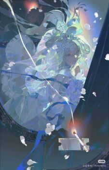 1girl bad_source blue_eyes bow dress hair_bow highres picture_frame w_zhengz white_dress white_hair