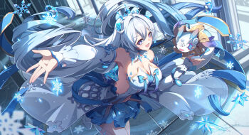 1girl absurdres ahoge bare_shoulders blue_eyes breasts cleavage commentary_request detached_sleeves dress highres honkai_(series) honkai_impact_3rd kiana_kaslana kiana_kaslana_(ba-dum!_fiery_wishing_star) kiana_kaslana_(wintery_wishes) large_breasts long_hair official_alternate_costume open_mouth phantom_racher pink_hair rice_cake_(honkai_impact) smile snake snowflakes star-shaped_pupils star_(symbol) symbol-shaped_pupils tiara very_long_hair white_dress