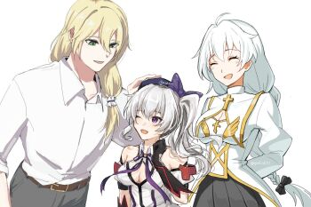 Rule 34 | 1boy, 2girls, :d, ;d, ahoge, artist collaboration, belt, black bow, blonde hair, bow, braid, braided ponytail, breasts, cleavage, cleavage cutout, clothing cutout, collared shirt, green eyes, hair bow, headpat, honkai (series), honkai impact 3rd, kallen kaslana, male focus, medium breasts, multiple girls, nun, octavia (honkai impact), one eye closed, open mouth, otto apocalypse, purple eyes, shirt, simple background, smile, white background, white shirt