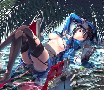 10s 1girl arm_up beret black_gloves black_hair black_panties black_thighhighs breasts cannon cleavage coffee_cat crossed_legs female_focus garter_straps gloves hat kantai_collection large_breasts lying map mecha_musume miniskirt navel on_back panties purple_eyes rudder_footwear short_hair skirt solo takao_(kancolle) thighhighs torn_clothes torn_thighhighs underboob underwear wet
