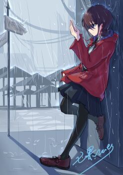 1girl absurdres black_pantyhose blue_eyes brown_hair coat earphones girls_band_cry highres holding holding_phone iseri_nina leaning_back nutsumi47 original pantyhose phone rain red_coat
