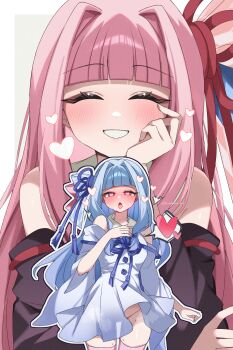 Rule 34 | 2girls, :d, absurdres, artist name, bare shoulders, black ribbon, blue hair, blunt bangs, blush, closed eyes, commentary request, cowboy shot, detached sleeves, dress, facing viewer, flower knot, grin, groin, hair ribbon, half-closed eyes, hand on own cheek, hand on own chest, hand on own face, heart, heart-shaped pupils, highres, kotonoha akane, kotonoha aoi, kyusai kuma, long hair, long sleeves, looking at viewer, multiple girls, no panties, nose blush, open mouth, parted lips, pink hair, pink thighhighs, red eyes, red ribbon, ribbon, siblings, simple background, sisters, smile, sparkle, symbol-shaped pupils, thighhighs, tongue, tongue out, twitter username, upper body, very long hair, voiceroid, white background, white dress, wide sleeves, yuri