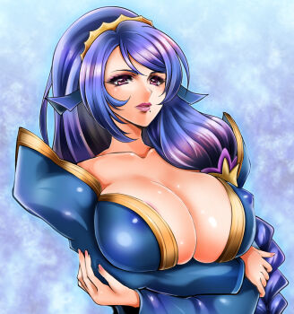 Rule 34 | 1041 (toshikazu), 1girl, areola slip, battle spirits, battle spirits: brave, blue hair, braid, breasts, bursting breasts, cleavage, covered erect nipples, crossed arms, crown, detached sleeves, eyelashes, eyeshadow, female focus, fingernails, gilfam joou, gradient hair, huge breasts, lips, lipstick, long fingernails, long hair, looking at viewer, makeup, mature female, mole, multicolored hair, no bra, open mouth, pink eyes, ponytail, puffy nipples, purple eyes, purple hair, queen gilfam, shiny clothes, shiny skin, single braid, solo, swept bangs, upper body, very long hair