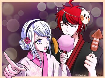 cotton_candy couple food happy happy_new_year hetero holding holding_cotton_candy holding_food japanese_clothes kimono kirifuji_nozomi kris_pawz new_year purple_eyes red_hair sumino_takumi the_hundred_line_-last_defense_academy- yukata