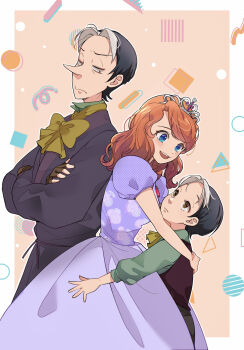 1girl 2boys :d aged_down ascot back-to-back black_hair black_robe blue_eyes blush border bow bowtie brown_eyes brown_gloves brown_hair cedric_(disney) circle closed_mouth commentary_request cowboy_shot crossed_arms curtained_hair dress dual_persona eye_contact face-to-face fingerless_gloves frown gloves green_shirt hair_behind_ear halftone highres hug long_hair looking_at_another multicolored_hair multiple_boys open_mouth outline outside_border pointy_nose princess puffy_short_sleeves puffy_sleeves purple_dress purple_vest robe shirt short_hair short_sleeves smile sofia_(disney) sofia_the_first square standing swept_bangs teeth tiara time_paradox tongue triangle two-tone_hair uo_sakana5656 upper_teeth_only very_short_hair vest wavy_hair white_border white_hair white_outline yellow_ascot yellow_bow yellow_bowtie