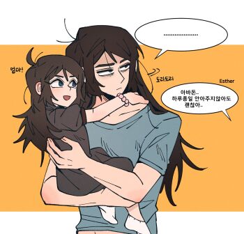 1boy 1girl abaddon_(haunted_hotel) aged_up black_dress blue_eyes blue_shirt brown_hair carrying child child_carry commentary_request dress haunted_hotel highres insidej043 korean_commentary korean_text long_hair shirt simple_background translation_request upper_body yellow_background