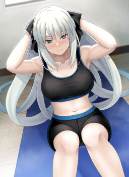1girl black_bow black_shorts black_sports_bra blue_eyes blush bow braid breasts chuppa_(katotsuba) cleavage exercising fate/grand_order fate_(series) grey_hair hair_bow large_breasts long_hair looking_at_viewer morgan_le_fay_(fate) navel ponytail shorts sidelocks sit-up smile solo sports_bra thighs very_long_hair yoga_mat