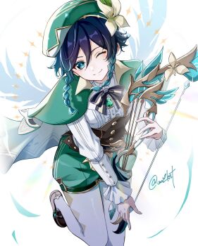 1boy argyle_clothes argyle_pantyhose bard beret black_hair blue_hair braid cape cecilia_flower_(genshin_impact) closed_mouth collared_cape commentary daybreak_chronicles_(genshin_impact) flower genshin_impact gradient_hair green_cape green_hat green_shorts hair_between_eyes hat hat_flower highres instrument kuromuru looking_at_viewer lyre male_focus multicolored_hair one_eye_closed pantyhose short_hair_with_long_locks shorts side_braids simple_background smile solo symbol-only_commentary twin_braids twitter_username two-tone_hair venti_(genshin_impact) white_background white_flower white_pantyhose