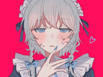1girl amatukimahoro blue_eyes blue_nails blush bow braid commentary_request fingernails grey_hair hair_bow heart highres izayoi_sakuya long_fingernails long_hair looking_at_viewer maid maid_headdress open_mouth pink_background simple_background solo sweat touhou twin_braids