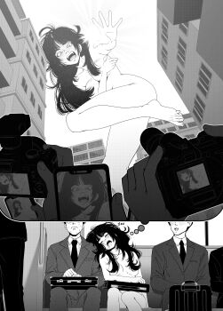 absurdres black_hair blush completely_nude covering_privates crowd giant giantess hair_censor highres kusujinn non-web_source nude sentenced_to_nudity