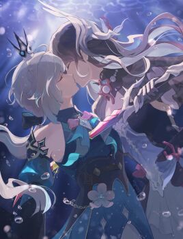 2girls air_bubble bare_shoulders black_gloves black_hair blue_dress bubble cerydra_(honkai:_star_rail) closed_eyes commentary crown dress english_commentary flower gloves highres holding holding_sword holding_weapon honkai:_star_rail honkai_(series) hysilens_(honkai:_star_rail) impaled kayveris kiss long_hair multiple_girls ponytail purple_dress sword underwater weapon white_flower white_hair yuri