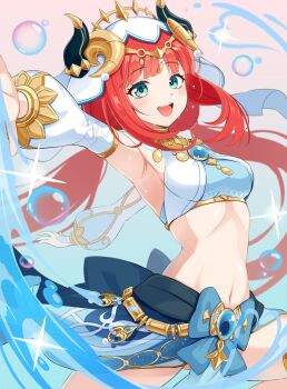 1girl :d aqua_eyes armpits blue_gemstone blue_skirt breasts circlet commentary_request crop_top fake_horns gem genshin_impact gold_trim highres horns long_hair long_sleeves medium_breasts navel nilou_(genshin_impact) open_mouth outstretched_arm puffy_long_sleeves puffy_sleeves qixi_cui_xing red_hair skirt smile solo stomach upper_body veil very_long_hair white_veil