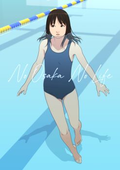 1girl a-pose azumanga_daioh&#039;s_school_uniform azumanga_daiou bare_shoulders barefoot black_eyes black_hair blue_one-piece_swimsuit breasts comiket_104 commentary_request english_text expressionless floating_hair full_body heel_up highres kasuga_ayumu looking_afar looking_to_the_side loose_hair_strand messy_hair new_school_swimsuit one-piece_swimsuit parted_lips partially_submerged pool pool_float school_swimsuit school_uniform second-party_source shadow shinchou_ni_kansuru_kousatsu small_breasts solo spread_fingers standing swimsuit title toes wading water