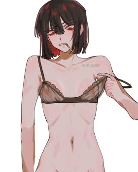 1girl adjusting_bra adjusting_clothes artist_name black_bra black_hair bob_cut bottomless bra breasts cigarette collarbone colored_inner_hair highres lace lace-trimmed_bra lace_trim lets_lam3nt limbus_company looking_down multicolored_hair navel nipples out-of-frame_censoring project_moon red_eyes red_hair ryoshu_(project_moon) see-through_bra see-through_clothes short_hair simple_background skinny small_breasts solo strap_slip teeth twitter_username underwear underwear_only unlit_cigarette_in_mouth white_background