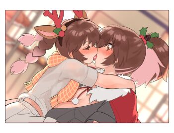 2girls age_difference blurry blurry_background blush breasts brown_hair cleavage commentary english_commentary fawn_(norza) french_kiss incest kiss large_breasts loli long_hair multicolored_hair multiple_girls norza onee-loli orange_scarf original pink_hair plaid_clothes plaid_scarf scarf scarlet_(norza) short_hair siblings sisters tongue tongue_out two-tone_hair yellow_eyes yuri