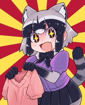 Rule 34 | >:), + +, 1girl, :d, animal ear fluff, animal ears, blue hair, blue skirt, blush, bodystocking, bow, bowtie, breast pocket, commentary request, common raccoon (kemono friends), female focus, flag, fur collar, grey hair, highres, holding, ino (tellu0120), kemono friends, macedonian flag, multicolored hair, no gloves, open mouth, pantyhose, pink sweater, pocket, puffy short sleeves, puffy sleeves, purple sweater, raccoon ears, raccoon tail, short-sleeved sweater, short hair, short sleeves, skirt, smile, solo, sunburst, sweater, tail, v-shaped eyebrows