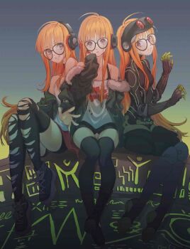 3girls ahoge bare_shoulders behind-the-head_headphones black-framed_eyewear black_bodysuit black_thighhighs bodysuit boots breasts closed_mouth collarbone daaichuyin2012 full_body fur-trimmed_jacket fur_trim glasses goggles goggles_on_head green_jacket grin headphones highres jacket knee_pads long_hair looking_at_viewer multiple_girls multiple_persona necronomicon_(persona_5) off_shoulder oracle_(persona_5) orange_hair parted_lips persona persona_5 purple_eyes sakura_futaba shoes sitting sky small_breasts smile thighhighs torn_clothes torn_thighhighs very_long_hair