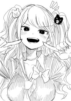 Rule 34 | 1girl, bear hair ornament, black shirt, bow, breasts, cleavage, collarbone, commentary request, danganronpa: trigger happy havoc, danganronpa (series), enoshima junko, hair ornament, highres, kinkuri07651, large breasts, long hair, looking at viewer, necktie, open mouth, pointing, pointing at self, shirt, shirt bow, sketch, smile, solo, teeth, twintails, upper body, white necktie