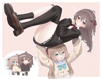 2girls ? absurdres ahoge aqua_bow aqua_bowtie bandaid bandaid_on_knee bandaid_on_leg black_cardigan black_skirt black_socks black_thighhighs blue_sailor_collar border bow bowtie broken_heart broken_heart_hair_ornament brown_hair brown_shoes cardigan chibi commentary commission dress_shirt english_commentary evil_neuro-sama from_side grin hair_between_eyes hair_ornament heart heart_hair_ornament highres lifting_person long_hair long_sleeves miniskirt multiple_girls neuro-sama nugaki open_mouth red_bow red_bowtie red_eyes sailor_collar second-party_source shirt shoes siblings single_sock single_thighhigh sisters skirt smile socks thighhighs twins two_side_up vedal_ai virtual_youtuber white_border white_shirt yellow_cardigan