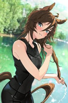 1girl ahoge animal_ears bare_shoulders black_wetsuit blush bodysuit breasts brown_hair diving_suit drying drying_hair grin hair_between_eyes horse_ears horse_girl horse_tail long_hair looking_at_viewer mr._c.b._(umamusume) open_mouth outdoors sleeveless smile tail taromarun tree umamusume water wetsuit wringing_hair