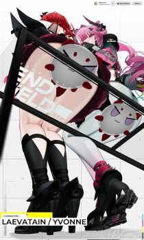 2girls aqua_hair arknights arknights:_endfield black_boots boots character_name commentary copyright_name dragon_bubble_(arknights) from_below grin hair_intakes hashtag-only_commentary high_heel_boots high_heels horns invisible_chair kneepits laevatein_(arknights) long_hair multicolored_hair multiple_girls nian_(arknights) ohkurrva pants pink_hair pointy_ears red_hair sitting smile surtr_(arknights) two-tone_hair white_pants yvonne_(arknights)