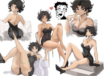 Rule 34 | 1girl, ;d, ass, betty boop, betty boop (character), breasts, earrings, full body, gold earrings, gold necklace, heart, high heels, highres, jewelry, looking back, medium breasts, multiple views, necklace, one eye closed, open mouth, rakeemspoon, short hair, simple background, smile, white background
