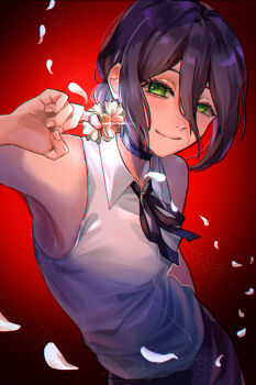 1girl black_choker black_ribbon chainsaw_man choker closed_mouth flower gradient_background green_eyes grenade_pin hair_between_eyes highres hime_usausa neck_ribbon red_background reze_(chainsaw_man) ribbon shirt shirt_tucked_in sleeveless sleeveless_shirt smile solo white_flower white_shirt