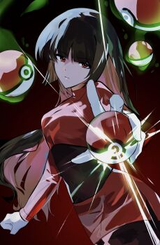 1girl anonymous84268 bodysuit bodysuit_under_clothes floating floating_object highres holding holding_poke_ball jacket levitation light_rays nintendo pencil_skirt poke_ball pokemon pokemon_frlg red_background red_eyes sabrina_(pokemon) skirt solo straight_hair telekinesis turtleneck turtleneck_jacket