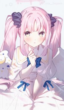 1girl angel_wings between_legs blue_archive blue_bow blush bow capelet dress feathered_wings gold_trim hair_ornament hair_scrunchie halo hand_between_legs highres long_hair low_wings mika_(blue_archive) parted_lips pink_hair pink_halo purple_eyes scrunchie segawa_luna solo twintails twitter_username very_long_hair white_capelet white_dress white_wings wings