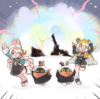 3girls animal_ear_fluff animal_ears animal_feet anklet arm_up arms_up az79709363 bangboo_(zenless_zone_zero) black_jacket black_shorts black_skirt black_thighhighs blonde_hair blue_shoes braid braided_twintails burnice_white closed_eyes colored_inner_hair commentary_request emphasis_lines eous_(zenless_zone_zero) full_body furry furry_female green_shirt high-waist_shorts highres jacket jewelry ju_fufu leg_up long_hair looking_at_viewer lying multicolored_hair multiple_girls on_back one_eye_closed open_mouth pink_fur pink_hair rabbit_ears rabbit_girl red_eyes shirt shoes short_eyebrows shorts skirt standing standing_on_one_leg striped_fur striped_hair thick_eyebrows thigh_strap thighhighs tiger_ears tiger_girl tiger_stripes white_background yellow_jacket zenless_zone_zero zhao_(zenless_zone_zero)