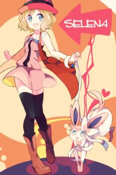 1girl black_thighhighs blue_eyes brown_footwear character_name gen_6_pokemon heart highres jacket nagatsukiariake nintendo open_mouth pink_hair pink_shirt pink_skirt pokemon pokemon_(anime) pokemon_(creature) pokemon_xy_(anime) red_jacket serena_(pokemon) shirt skirt sleeveless sylveon thighhighs typo