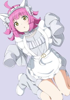 1girl absurdres ahoge animal_ears apron blunt_bangs cat_ears commentary dress fake_animal_ears frilled_apron frills full_body grey_dress grey_leg_warmers highres jersey_maid kishimen_hair leg_warmers long_sleeves looking_at_viewer love_live! love_live!_nijigasaki_high_school_idol_club maid maid_headdress medium_hair official_alternate_costume pink_hair shoes sitting sleeves_past_fingers sleeves_past_wrists solo tennoji_rina uchuu_no_mozuku unconventional_maid waist_apron wariza white_apron white_shoes yellow_eyes