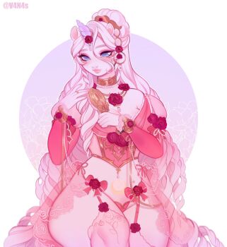 1girl animal_ears animal_nose beads blue_eyes border bow bow_panties breasts brushing_hair bustier cleavage closed_mouth colored_skin commentary commission cowboy_shot crescent crescent_tattoo english_commentary eyelashes eyeshadow floral_background flower flower_necklace flower_panties furry furry_female garter_straps gem gold_choker gold_hair_tie gold_necklace gold_ring gold_trim gold_wrist_cuffs gradient_background hair_beads hair_between_eyes hair_brush hair_ornament hair_over_breasts hair_over_one_breast half_up_bun hand_on_own_shoulder highleg highleg_panties highres holding holding_hair_brush horn_flower horn_ornament horn_ring horns horse_ears invisible_chair jewelry juliet_sleeves lace-trimmed_bow lace-trimmed_bustier lace-trimmed_sleeves lace_trim long_hair long_sleeves makeup medium_breasts midriff necklace no_pupils original outline outside_border panties pearl_(gemstone) pearl_choker pearl_hair_ornament pink_background pink_bustier pink_eyeshadow pink_panties pink_skirt puffy_sleeves purple_background red_flower red_rose ringlets rose round_border see-through_clothes see-through_skirt see-through_thighhighs showgirl_skirt side-tie_panties sitting skirt sleeve_bow stomach_tattoo tattoo thick_eyebrows thick_lips thick_thighs thighhighs thighs twitter_username two-tone_bustier two-tone_sleeves underwear unicorn_girl unicorn_horn v4n4s very_long_hair white_border white_outline white_skin white_thighhighs wide_hips wrist_chain wrist_flower