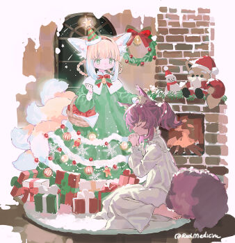 2girls alternate_costume animal_ear_fluff animal_ears arknights artist_name barefoot blonde_hair box braid braided_hair_rings chinese_commentary christmas christmas_present closed_eyes closed_mouth commentary_request dress fireplace fox_ears fox_girl fox_tail gift gift_box green_dress green_eyes hair_rings hairband hat kitsune kyuubi long_dress long_sleeves multiple_girls multiple_tails puffy_long_sleeves puffy_sleeves purple_hair red_hairband red_medicine shamare_(arknights) suzuran_(arknights) tail toes twintails twitter_username white_dress