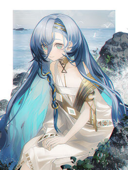 Rule 34 | 1girl, 37 (reverse:1999), aqua hair, asymmetrical bangs, bird, black hair, blue eyes, blue hair, braid, closed mouth, colored inner hair, commentary, dress, green eyes, hairband, highres, long hair, looking at viewer, multicolored hair, reverse:1999, single braid, sitting, smile, solo, very long hair, white dress, yinse banji