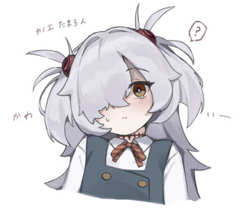 ? blue_archive brown_eyes collared_shirt diagonal-striped_ribbon dress eyelashes green_dress hair_ornament hair_over_one_eye highres kanoe_(blue_archive) long_hair neck_tattoo pinafore_dress ribbon shirt sleeveless sleeveless_dress striped_ribbon sweatdrop tattoo ten_222 very_long_hair white_background white_hair white_shirt