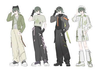 1boy absurdres alternate_costume artist_collaboration black_choker black_gloves black_jacket black_pants black_shoes choker commentary english_commentary fingerless_gloves gloves goggles goggles_on_head green_hair green_jacket green_shirt grey_shirt hair_between_eyes hand_up hat highres honkai_(series) honkai_impact_3rd jacket kosma male_focus multiple_views orange_eyes pants reference_sheet sang_sha shirt shoes short_hair shorts simple_background sketch white_background white_hat white_jacket white_shirt white_shoes white_shorts yellow_pants zelian