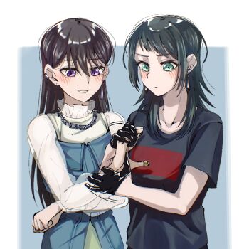 Rule 34 | 2girls, animal ears, bandaid, bandaid on finger, bandaid on hand, bang dream!, bang dream! it's mygo!!!!!, black gloves, black hair, black shirt, blush, closed mouth, commentary, doki (oox3o), earclip, gloves, grabbing another's hand, hair between eyes, highres, holding another's wrist, long hair, long sleeves, medium hair, mole, mole under eye, multiple girls, open mouth, purple eyes, shiina taki, shirt, short hair, yahata umiri