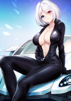 Rule 34 | absurdres, beyblade, biker clothes, bikesuit, black bodysuit, blue eyes, bodysuit, breasts, car, cleavage, head tilt, heterochromia, highres, large breasts, light blush, looking at viewer, motor vehicle, navel, on car, open bodysuit, open clothes, red eyes, sainen yuko, shiraiwa usagi, short hair, sitting, skin tight, smile, stomach, thighs, unzipped, unzipping, white hair, zipper