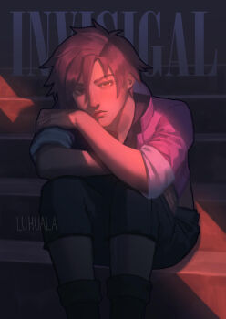 Rule 34 | 1girl, artist name, character name, closed mouth, commentary, dispatch, face piercing, hair between eyes, highres, invisigal (dispatch), jacket, looking at viewer, luhuala, nose piercing, nose ring, pants, piercing, short hair, sitting, sitting on stairs, solo, stairs, sunlight