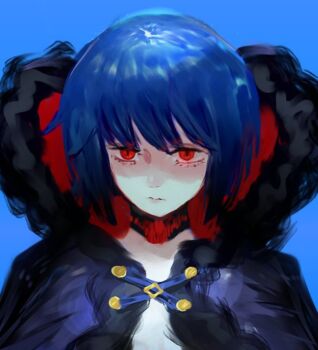 1girl blue_hair ciel_(tsukihime) cloak expressionless facing_viewer fur-trimmed_cloak fur_trim looking_at_viewer michael_roa_valdamjong naked_cloak oakiee partially_shaded_face possessed profile red_eyes roa-ciel short_hair standing tsukihime tsukihime_(remake) vampire
