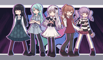 >:) 5girls :o ;d aqua_eyes aqua_hair ascot bang_dream! bang_dream!_girls_band_party! black_hair black_hoodie black_jacket black_pants black_pantyhose black_shoes blue_coat blunt_bangs bow brown_eyes brown_hair closed_eyes closed_mouth coat collared_shirt commentary cross-laced_clothes cross-laced_dress dress drill_hair full_body grey_eyes grey_hair hair_bow half_updo highres hikawa_sayo hood hoodie imai_lisa jacket loafers long_hair long_sleeves looking_at_viewer minato_yukina miniskirt multiple_girls one_eye_closed open_clothes open_jacket open_mouth pants pants_under_dress pantyhose pinafore_dress plaid_clothes plaid_skirt pleated_dress pleated_skirt ponytail purple_background purple_bow purple_hair red_dress red_skirt red_socks roselia_(bang_dream!) shirokane_rinko shirt shoes sidelocks skirt sleeveless sleeveless_dress smile socks standing striped_bow striped_clothes striped_hoodie sweater turtleneck turtleneck_sweater twin_drills udagawa_ako v-shaped_eyebrows white_ascot white_shirt white_skirt white_sweater yukitake_(bullfalk)