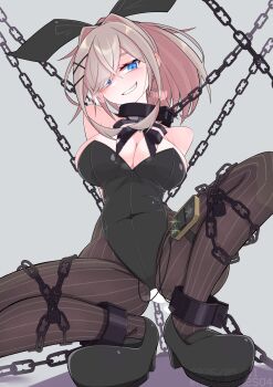 1girl absurdres animal_ear_hairband animal_ears bdsm blonde_hair blue_eyes bondage bound breasts chain collar commentary_request cuffs electrostimulation fake_animal_ears fake_tail female_focus grin hair_over_one_eye hairband highres large_breasts looking_at_viewer menou_74 metal_collar nijisanji pantyhose playboy_bunny ponytail pussy_juice rabbit_ear_hairband rabbit_ears rabbit_tail shackles simple_background smile solo squatting striped_clothes striped_pantyhose suzuhara_lulu tail variant_set virtual_youtuber