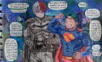 armor batman batman_(cosplay) batman_(series) boku_no_hero_academia bones_(company) cape cosplay dc_comics freckles green_hair highres kiwipinianiu mask midoriya_izuku multicolored_hair party red_hair scar shounen_jump smile superhero_costume superman superman_(2025) superman_(cosplay) superman_(series) the_batman_(2022) tododeku todoroki_shoto traditional_media two-tone_hair warner_bros. white_hair